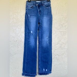 Vervet Blue Denim High Rise Jeans Crossover Button Closure with Raw Edge Hem